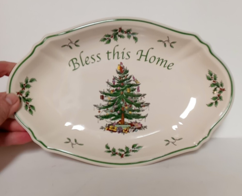Spode Oval Tray,  "Bless This Home"  Christmas Tree Pattern
