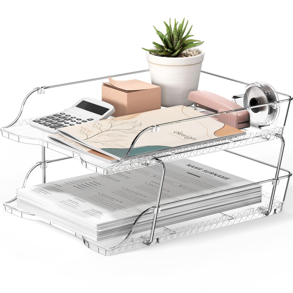 2-Tier Clear Stackable Letter Tray Organizer – Desktop File Holder for A4/Let...