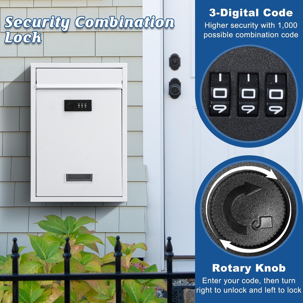 Secure Locking Wall Mount Mailbox with Key Weather Resistant White
