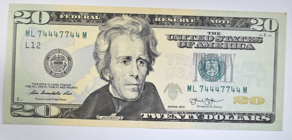 2013 $20 FRN BINARY SERIAL #74447744 CRISP AU ABOUT UNCIRCULATED!