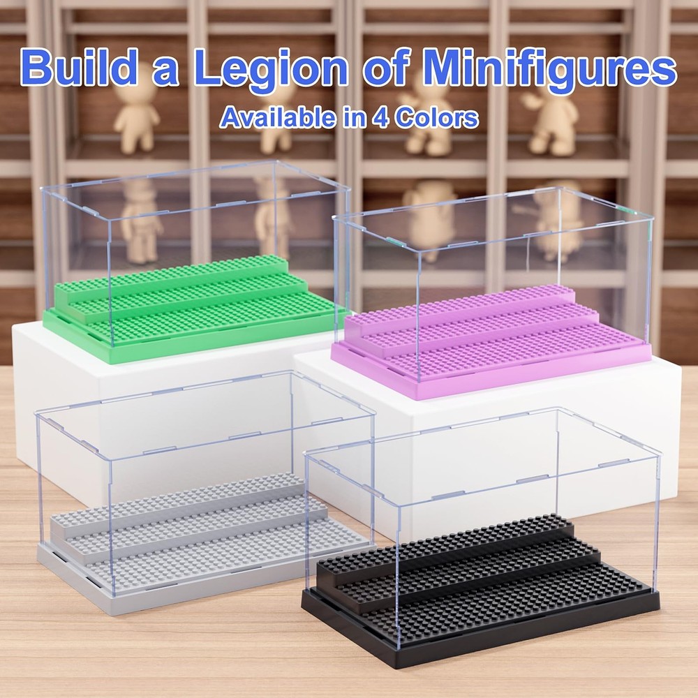 2 Pack Minifigure Display Case, Clear Acrylic Box with 3 Steps for Action Fig...