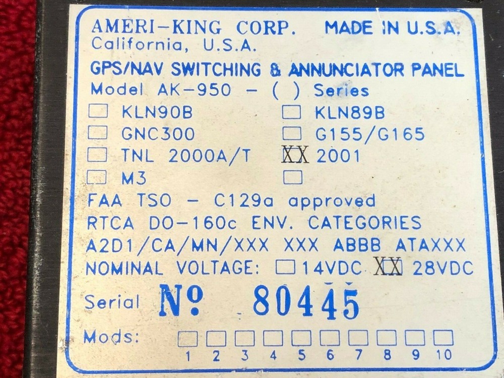 AMERI-KING AK 950-2001 GPS/NAV SWITCHING AND ANNUNCIATOR PANEL