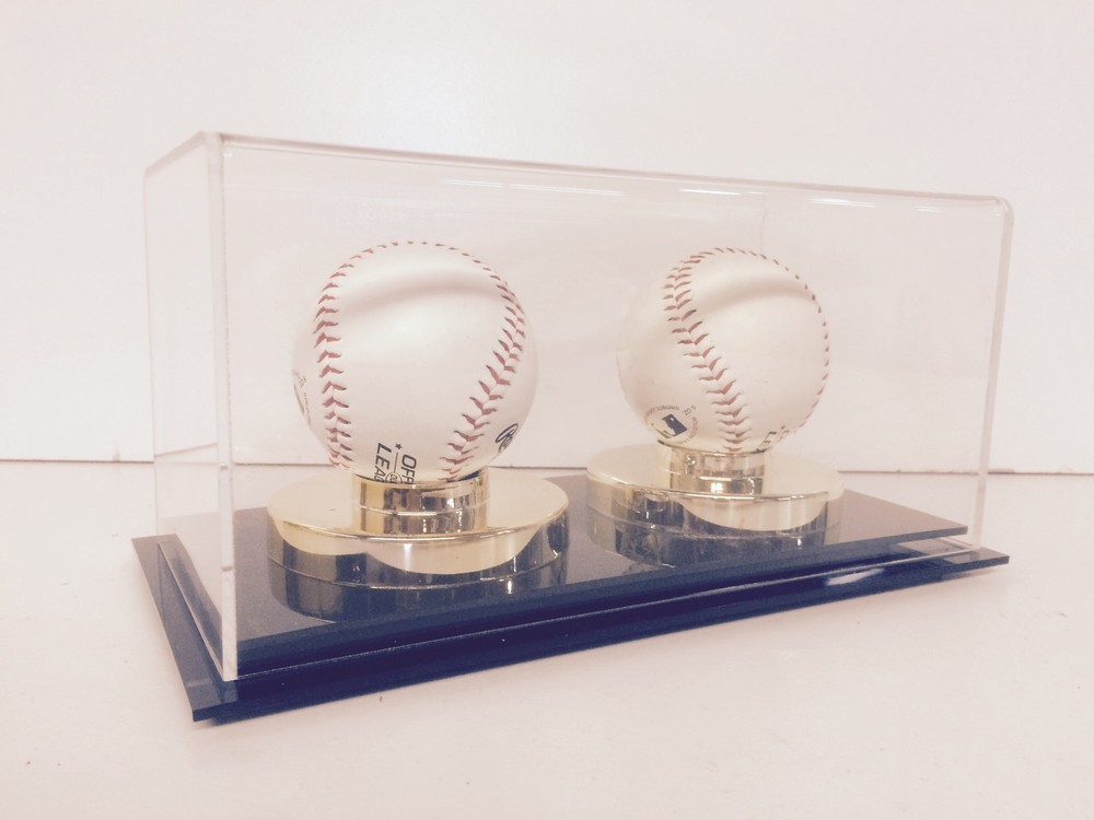 Baseball display case double ball on gold risers 85% UV filtering MLB