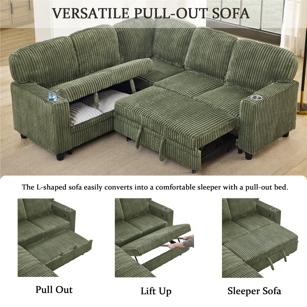 L-Shaped Sofa Bed w/ Pull-Out Sleeper & USB/Type-C, Corduroy, Olive Green