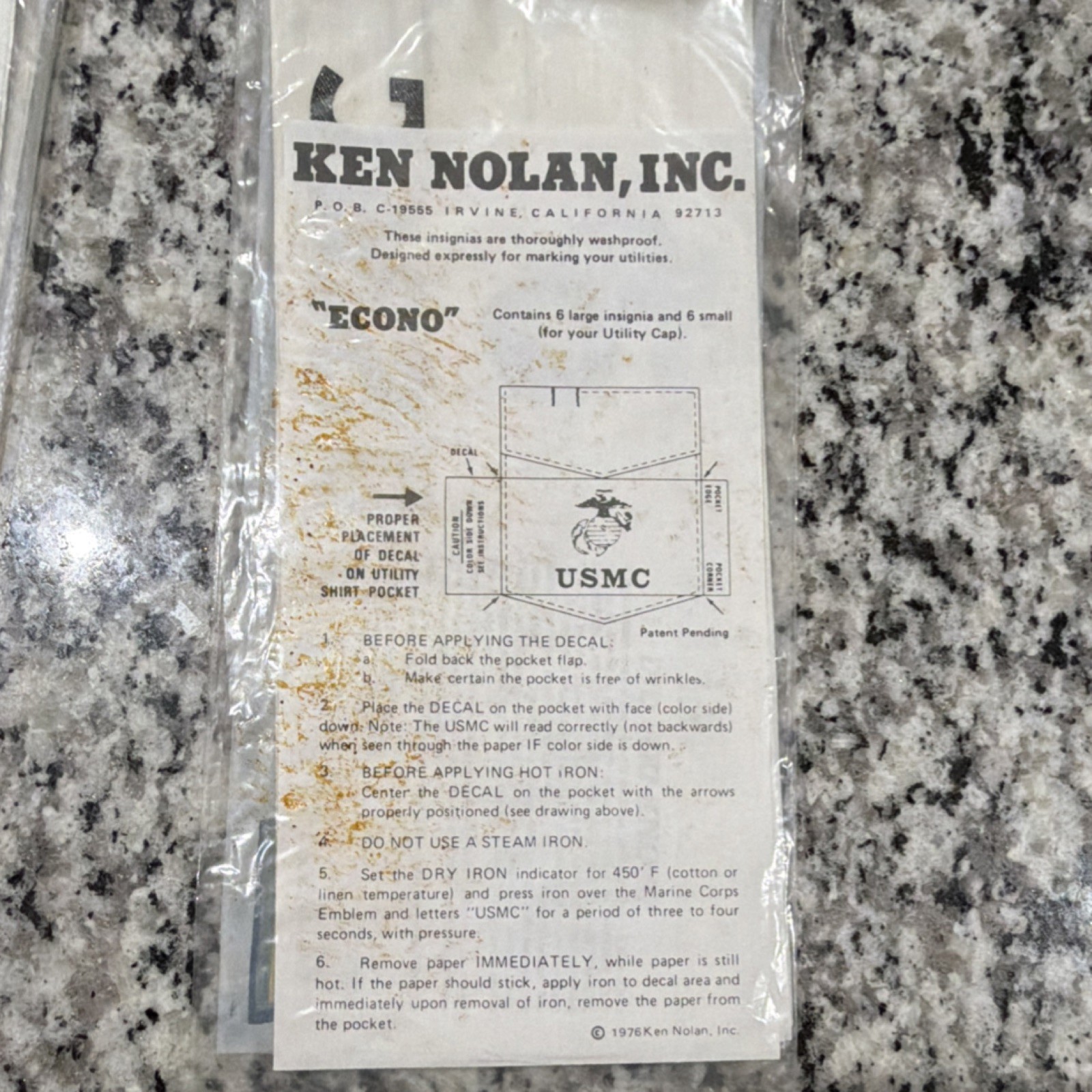 Ken Nolan, Inc. ECONO USMC Heat Transfers 6 Large & 6 Small Iron-On Decals