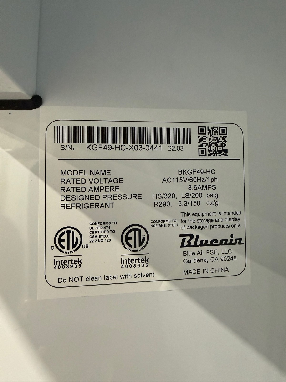 BLUEAIR BKGF49-HC TWO GLASS DOOR MERCHANDISING FREEZER