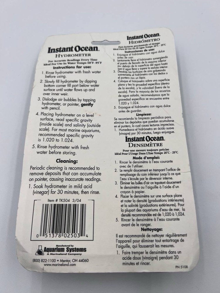 Instant Ocean SeaTest Hydrometer