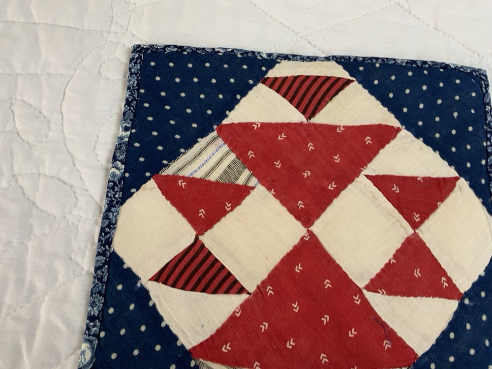Antique Vintage Patchwork Quilt Table Topper, Four Patch W/ Triangles, Red, Navy