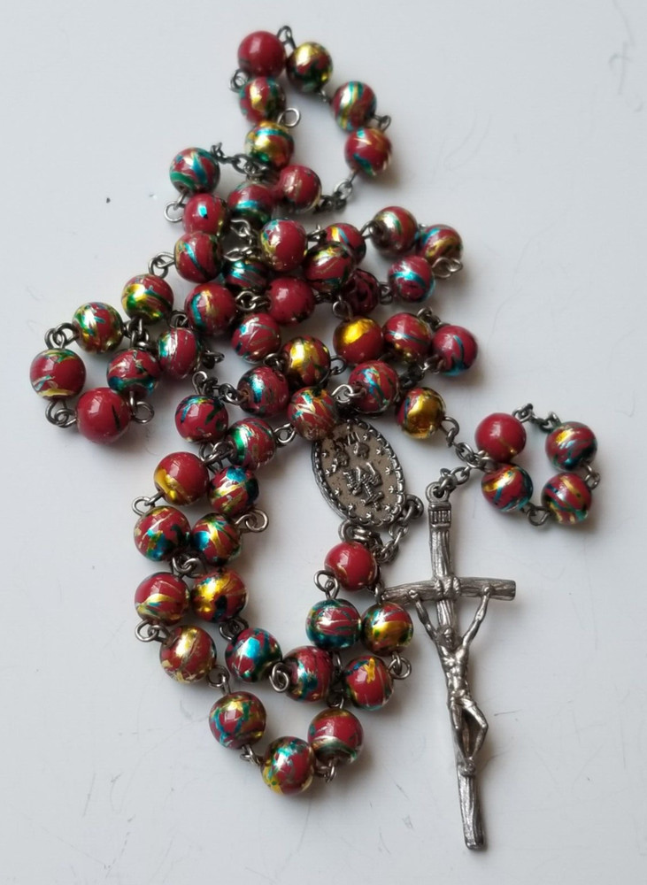 Vintage Rosary With Multicolor Iridescent Glass Beads