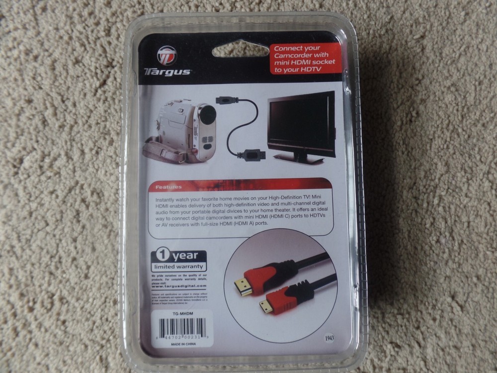 Targus, Mini HDMI Cable,, Model #TG-MHDM, New in Package