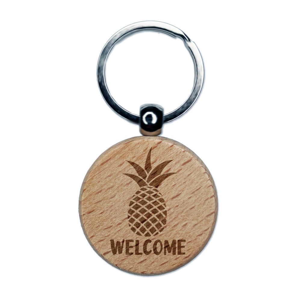 Pineapple Fruit Welcome Engraved Wood Round Keychain Tag Charm