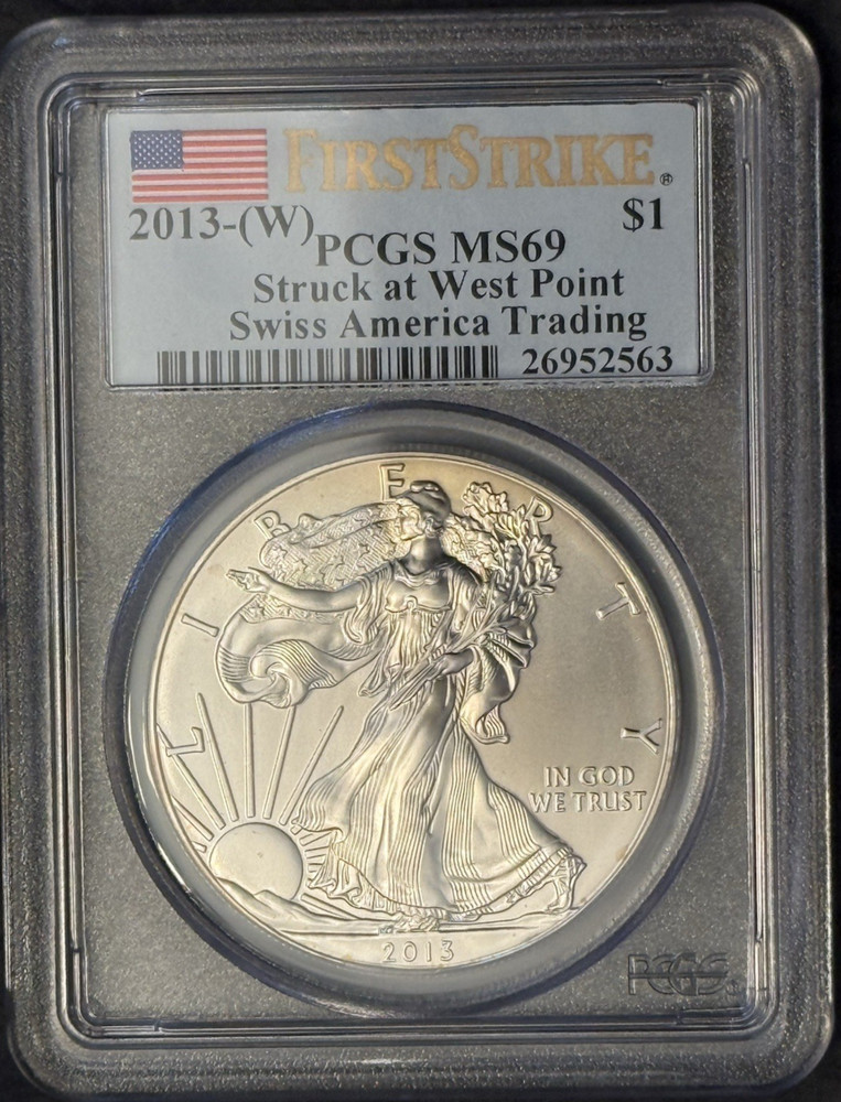 2013-(W) Silver Eagle PCGS MS69 First Strike Flag Label Struck at West Point