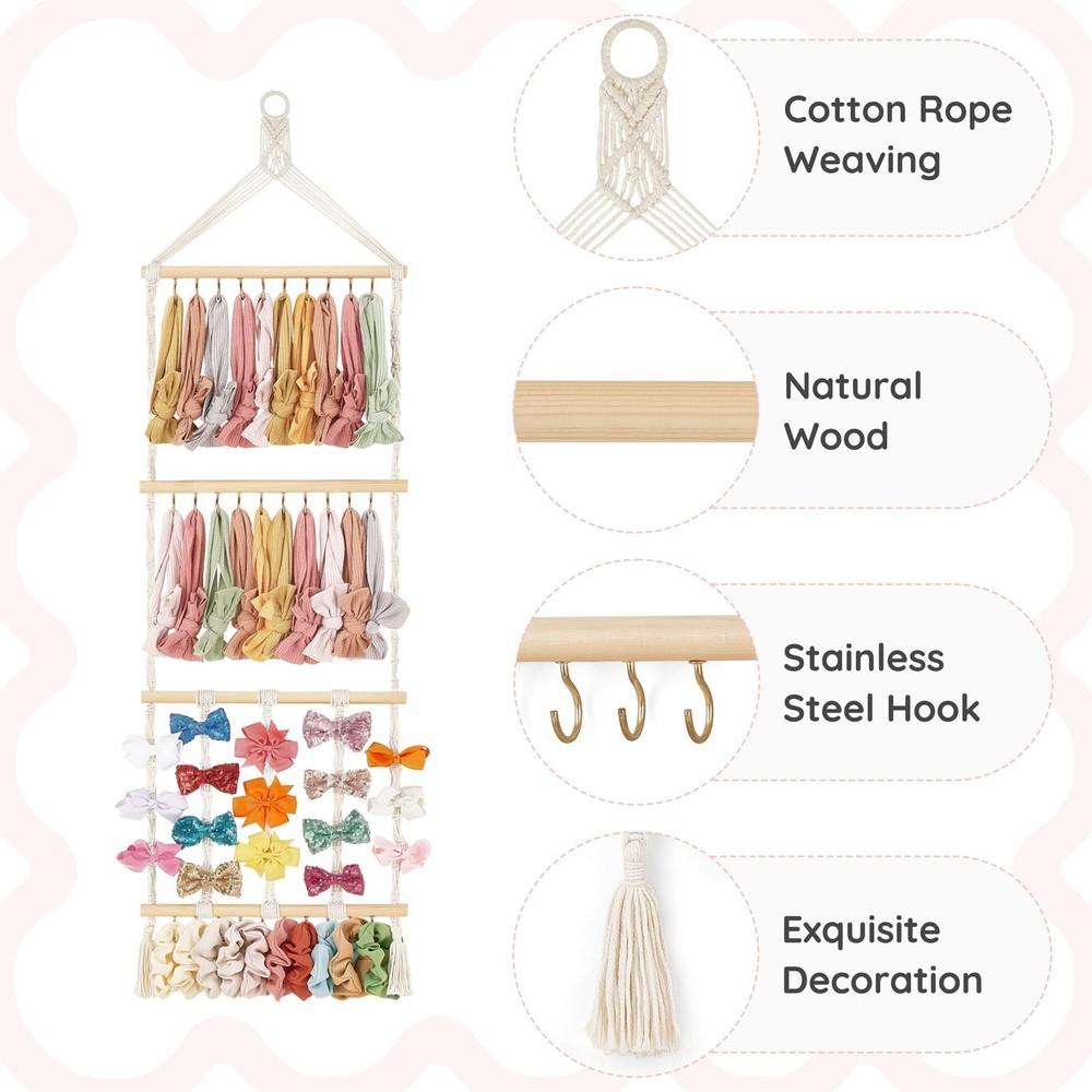 Macrame Bow Organizer set Boho Baby Headband nursery Wall display
