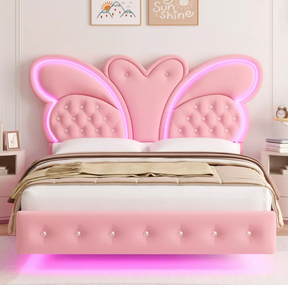 Platform Bed Frame Full Size Butterfly LED Adjustable Headboard for Kids Pink