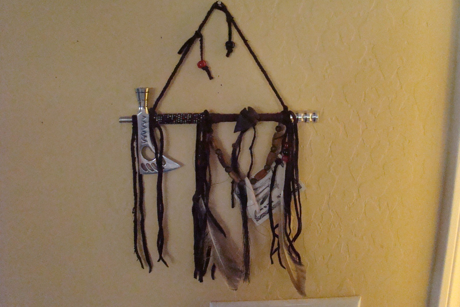 1-ONE Navajo Peace pipe 8" Long w/2 six" feathers, different color beads Works!!