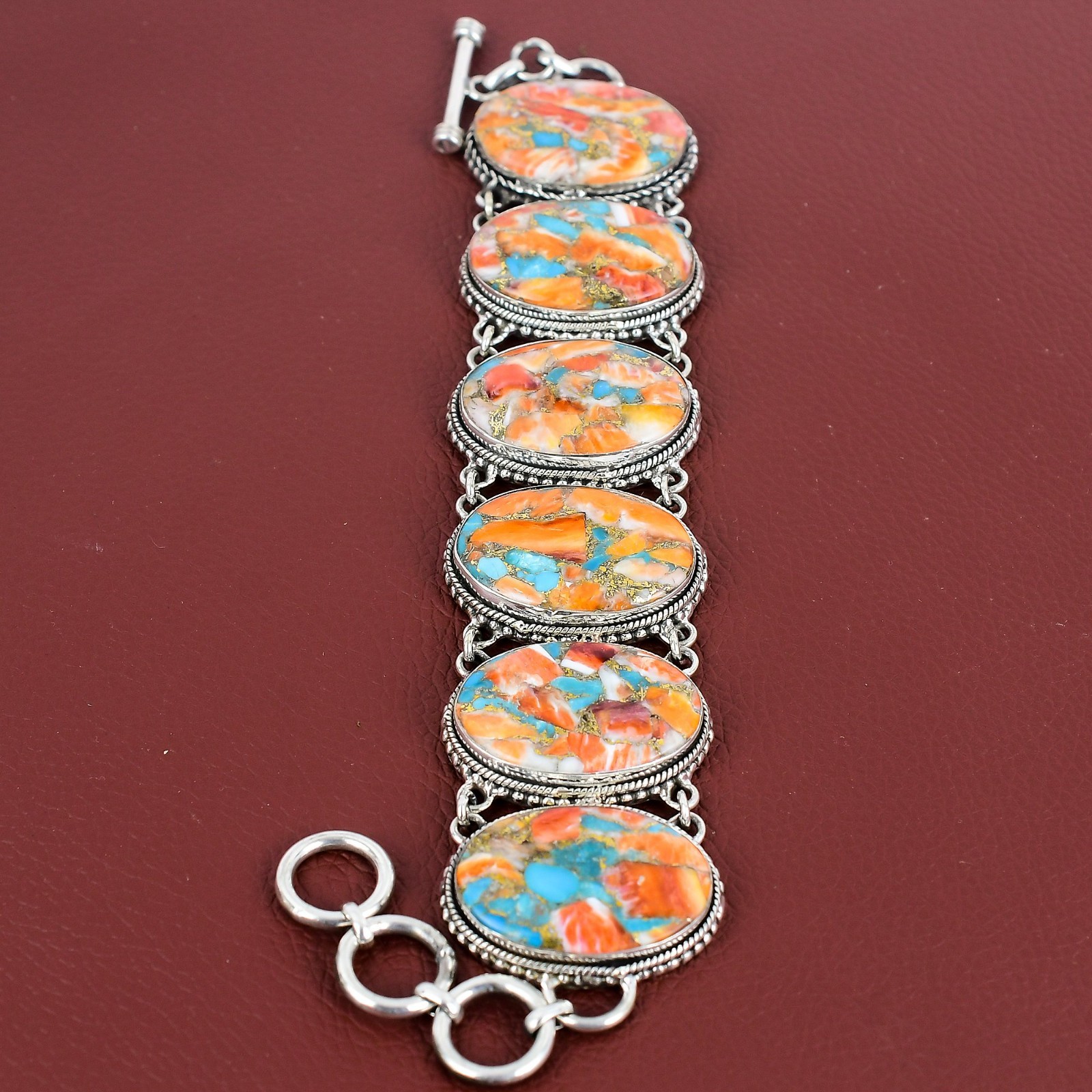 Spiny Oyster Copper Turquoise Vintage 925 Sterling Silver Adjustable Bracelet