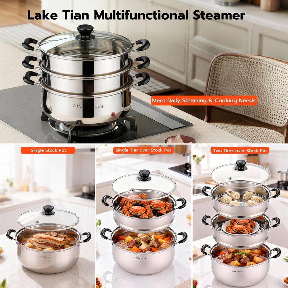 3 Tier Stainless Steel Steamer Pot For Cooking With Stackable Pan Insert, Foo...