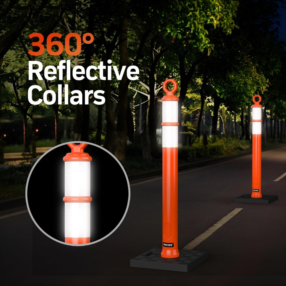 6 Pack 42 Inch Orange Traffic Delineator Posts with Reflective Collars and Ba...