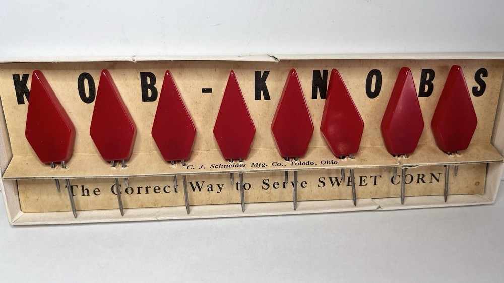 Vintage Schneider  Kob Knobs Cherry Red Bakelite Corn Cob Holder Box Set Four
