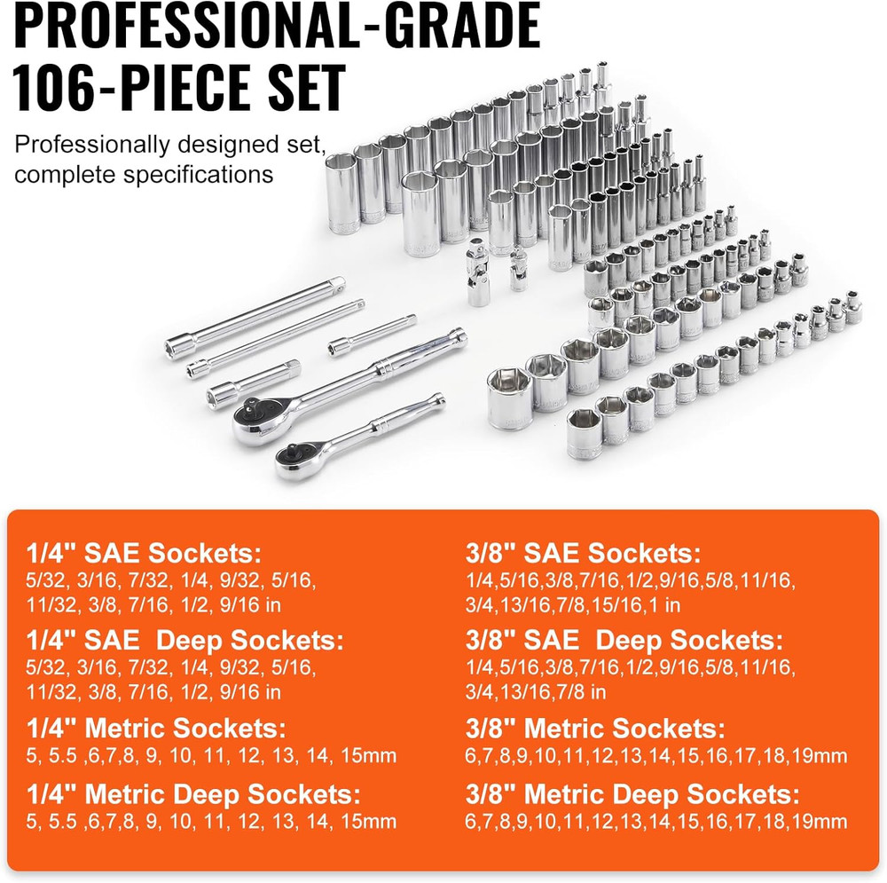 Socket Set, 1/4" and 3/8" Drive Socket and Ratchet Set, 6-Point Socket Opening,