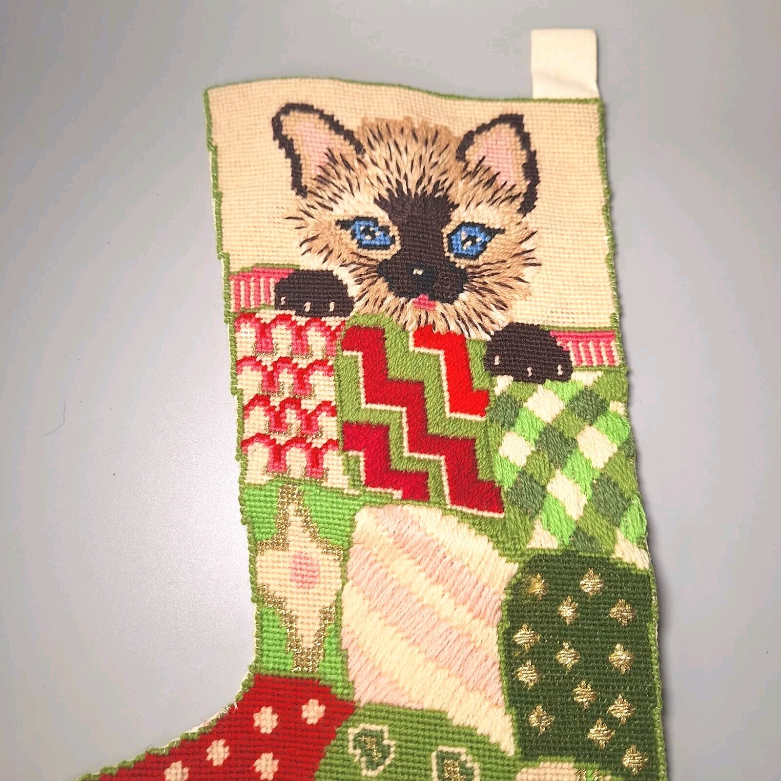 RARE Needlepoint Christmas Stocking Cat Handmade Siamese Kitten Vtg Patchwork
