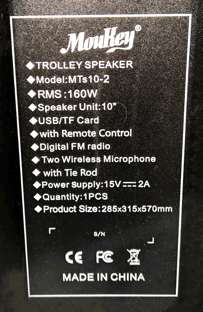 Moukey MTs10-2 Portable Bluetooth Karaoke Machine in Black - Used