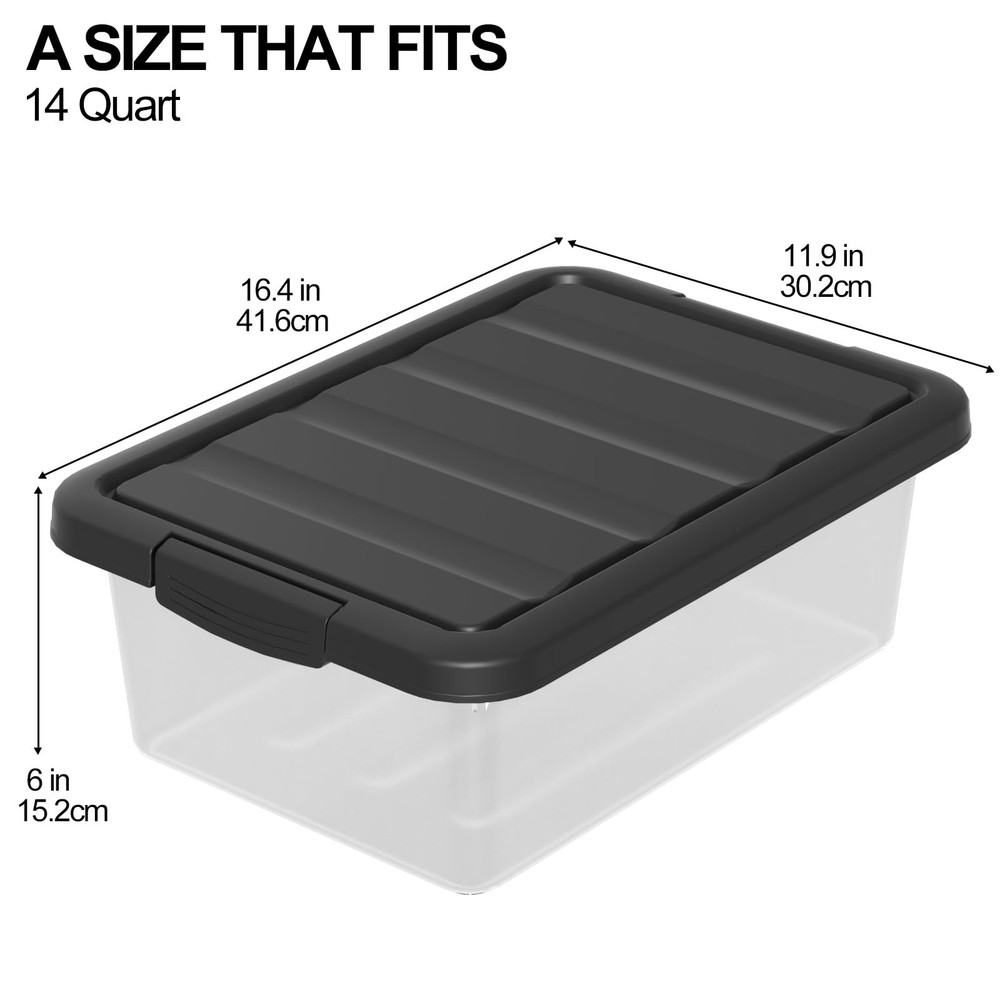14 Quart Clear Plastic Under Bed Storage Bins, Stackable Latching with Black ...
