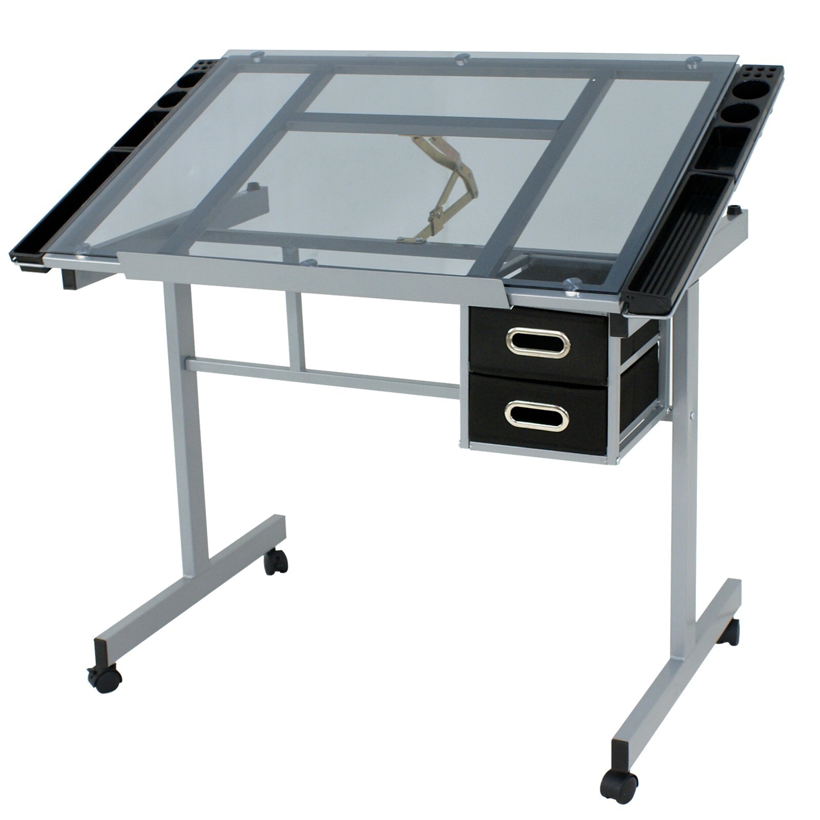 Drafting Table on Wheels Adjustable Glass Tabletop Drawing Desk w/Storage Drawer