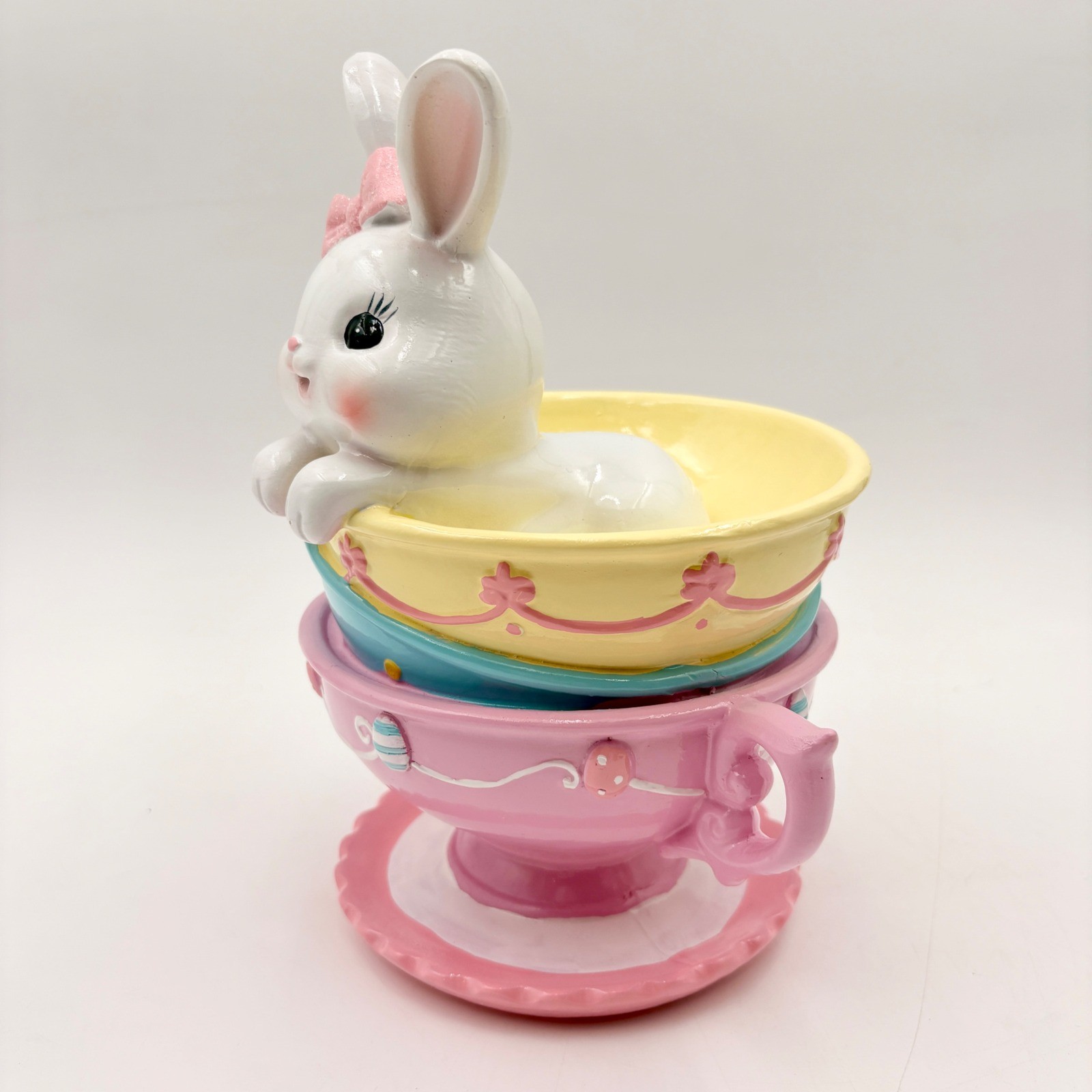 Easter Bunny Rabbit Stack Pastel Teacups Figurine Spring Decor Pink Blue Yellow