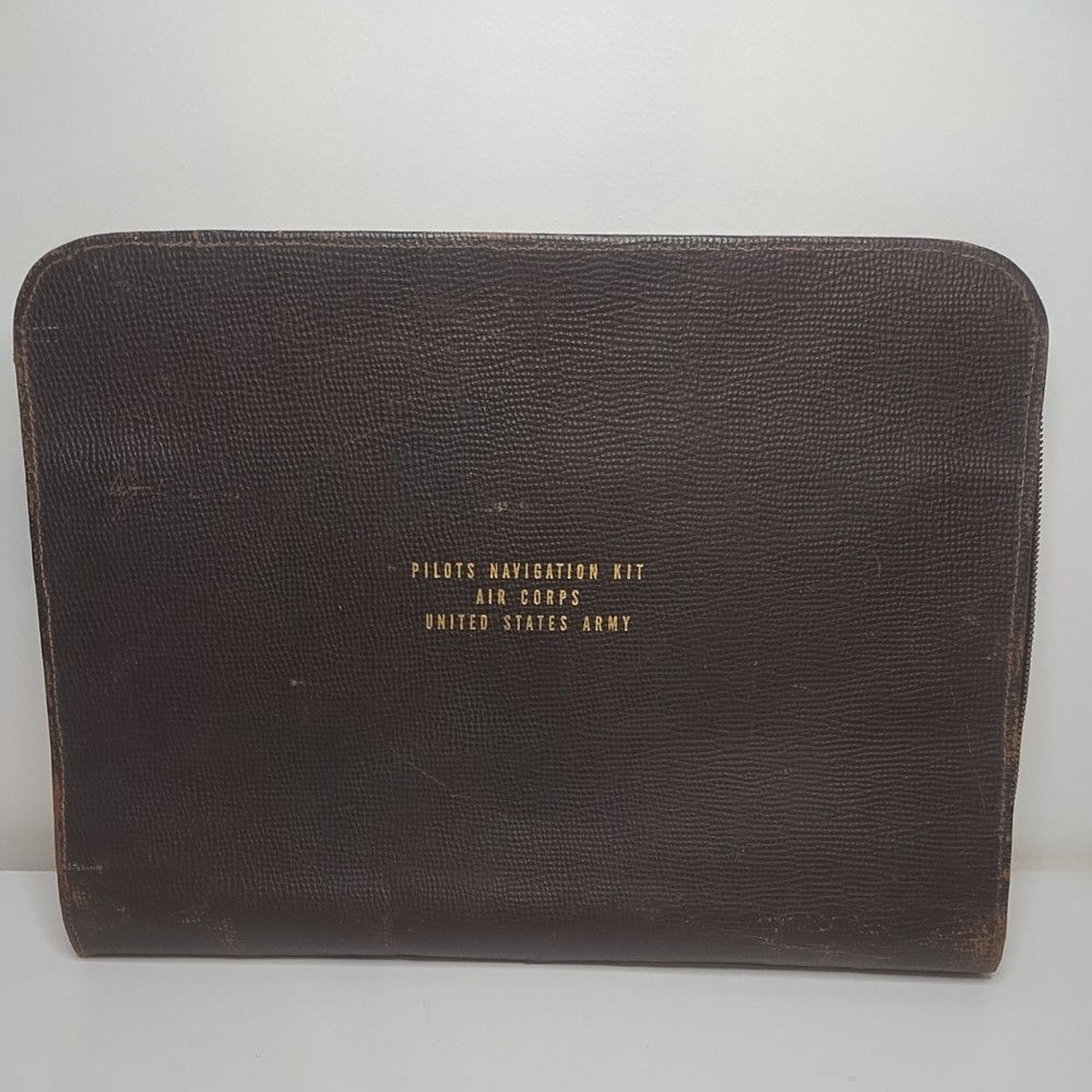 Rare Vtg US Army Air Corps Zippered Pilot Navigation Kit Brown Leather w pockets