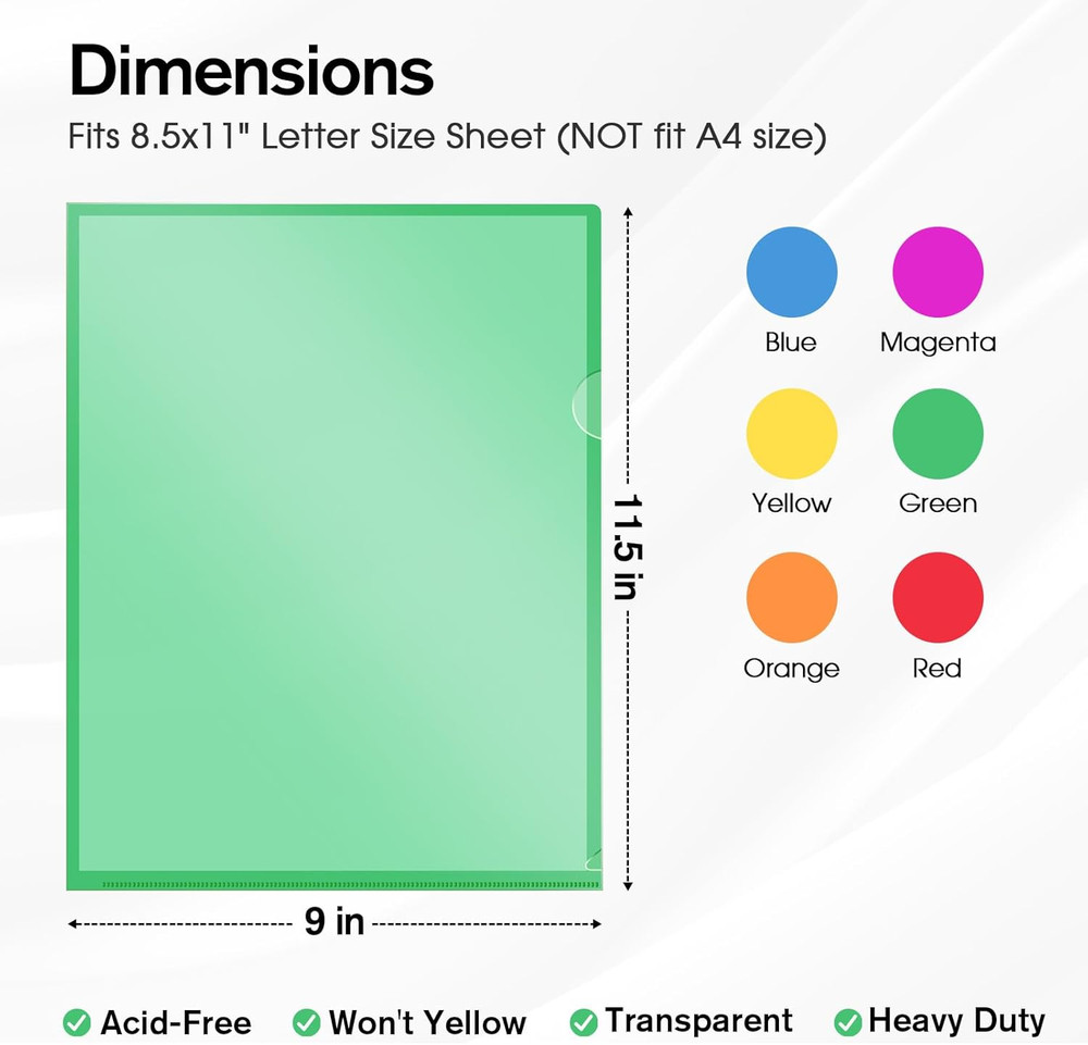 Clear Plastic Folders Sleeves 12 Pack, 6 Assorted Colors, Documents Project Pock