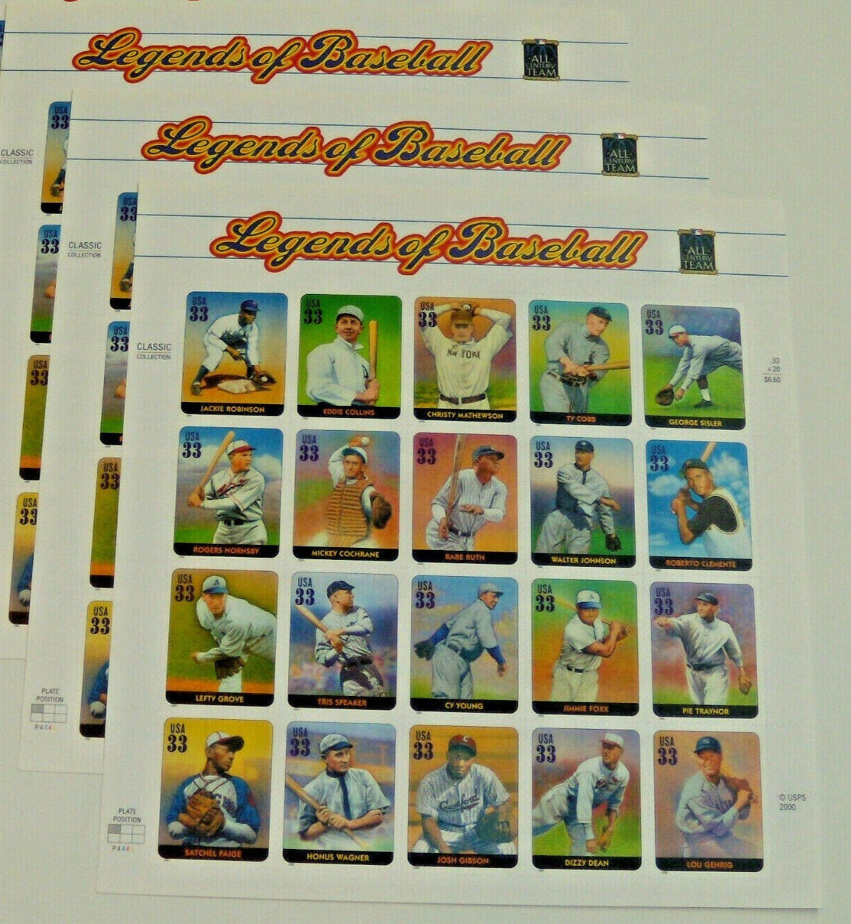 Three Sheets x 20 = 60 of LEGENDS OF BASEBALL 33¢ US Postage Stamps USA # 3408