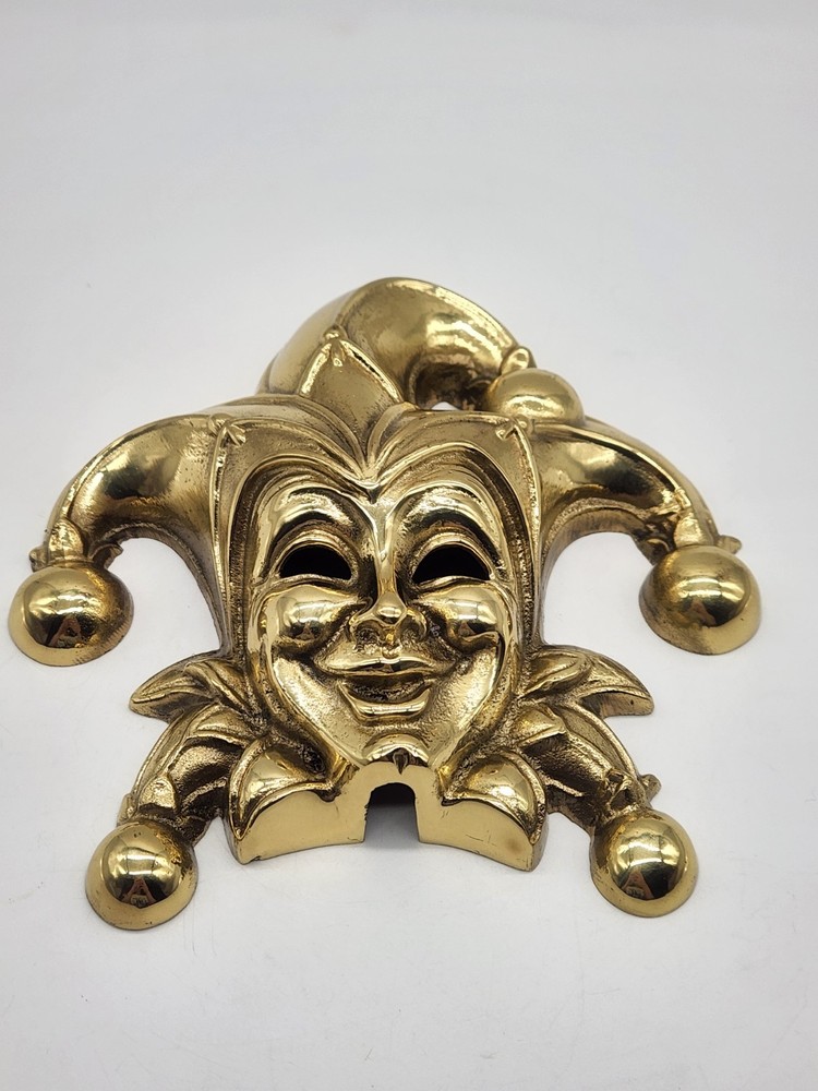 Vintage Heavy Solid Brass Jester Door Knocker Gold-tone missing knocker 6"