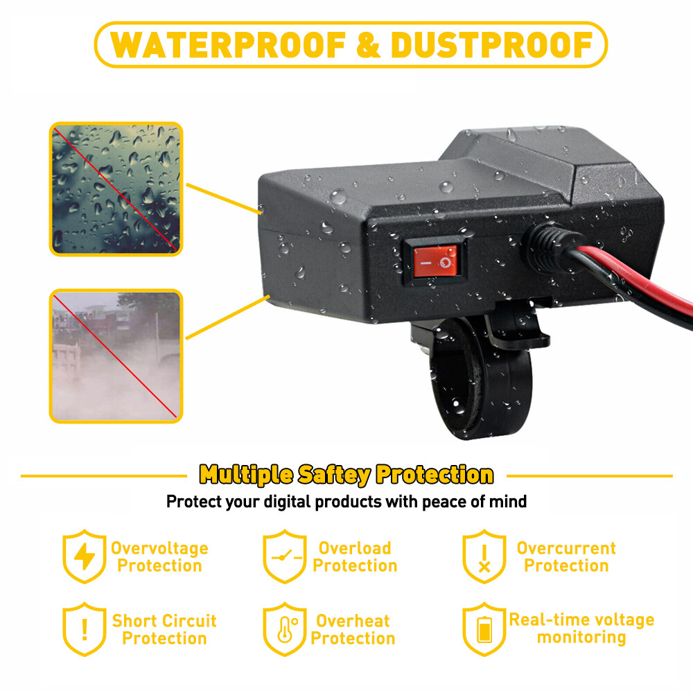 Motorcycle Handlebar Cigarette Lighter Socket Dual Charger USB W/ LED Voltmeter