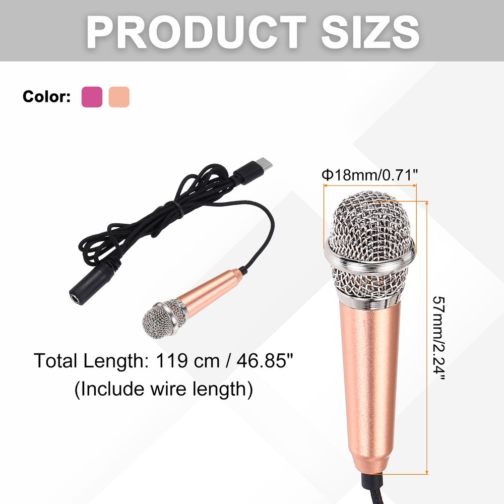 2Pcs Mini Microphone, Mic Tiny Microphone Type C Gold/Hot Pink