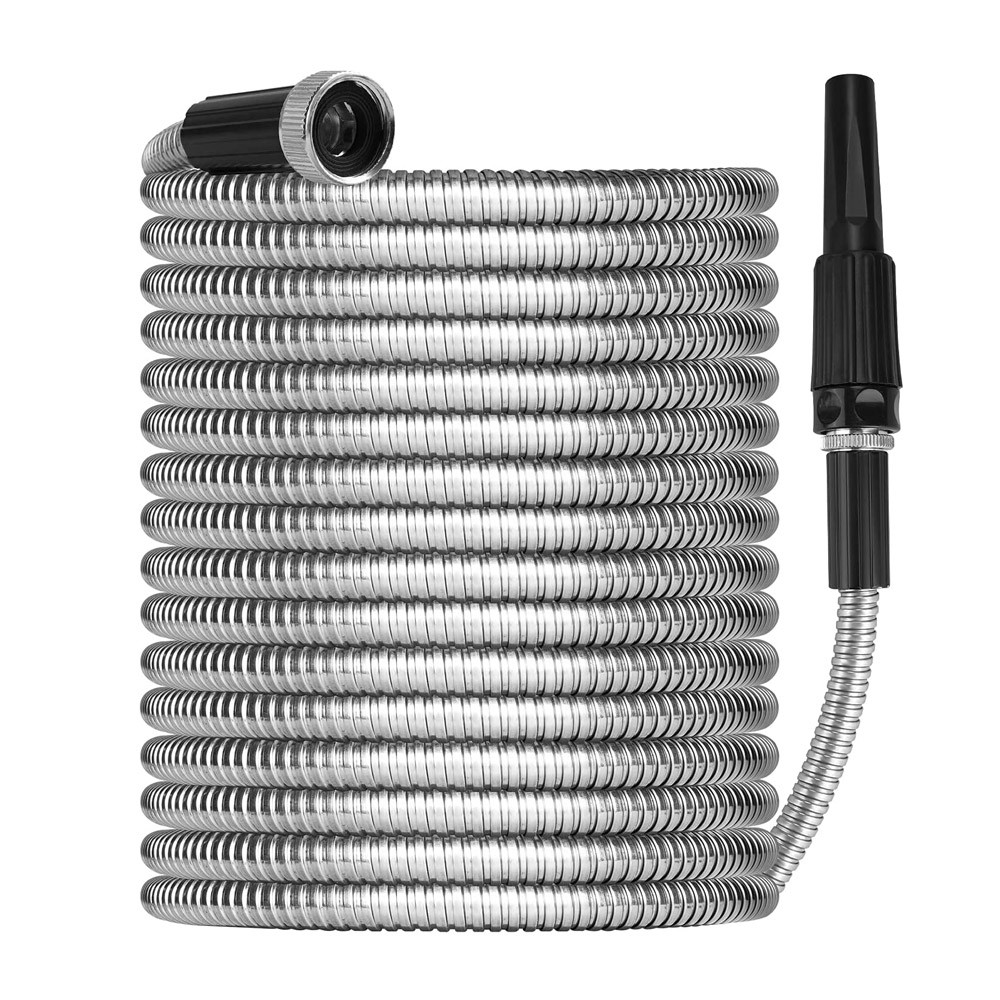 Stainless Steel Metal Garden Hose 25/50/75/100FT Water Hose w/ Nozzle Connector