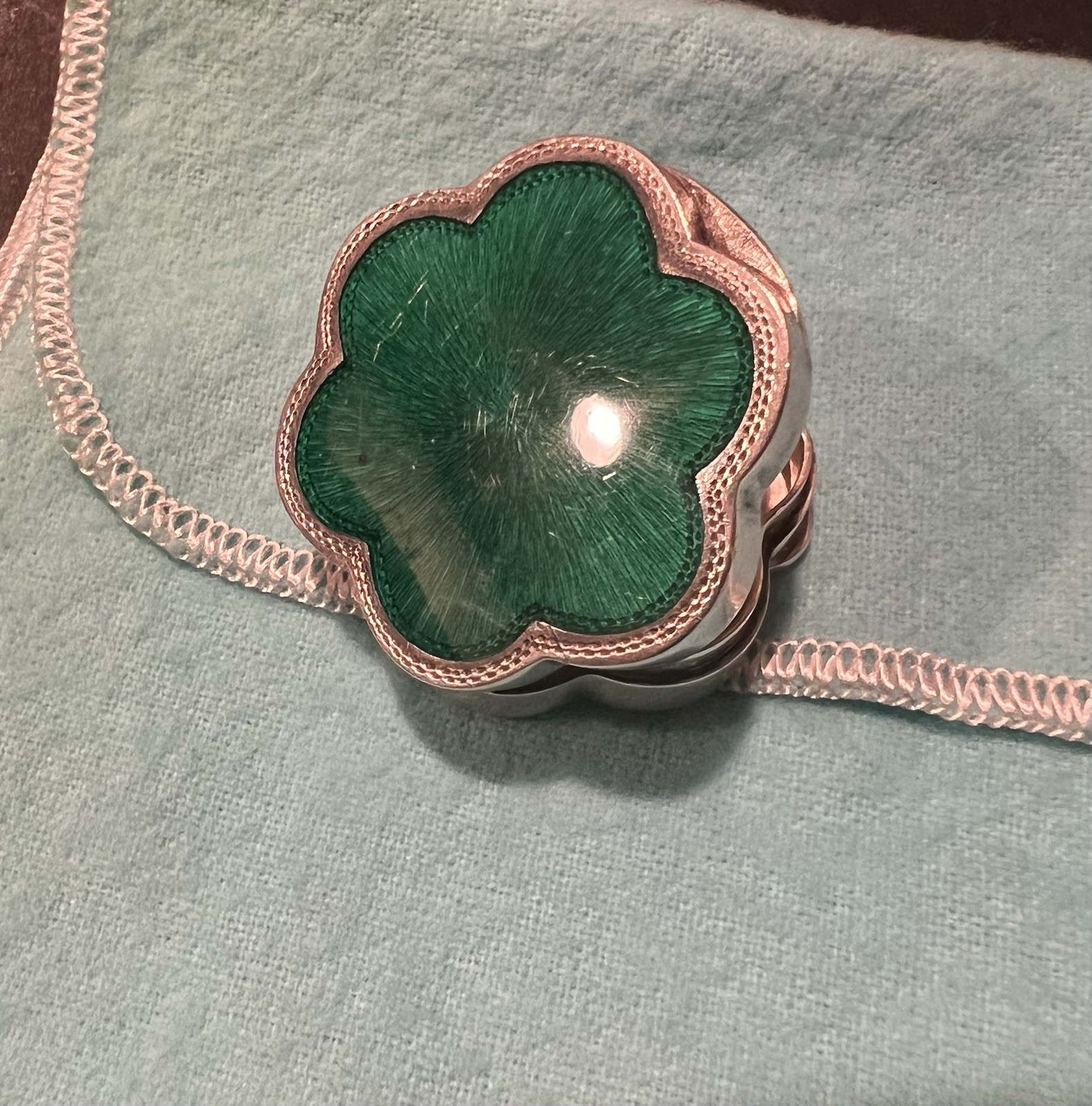 TIFFANY & Co. Green Enamel Sterling Silver Pillbox w/ Engraving Italy Guilloche