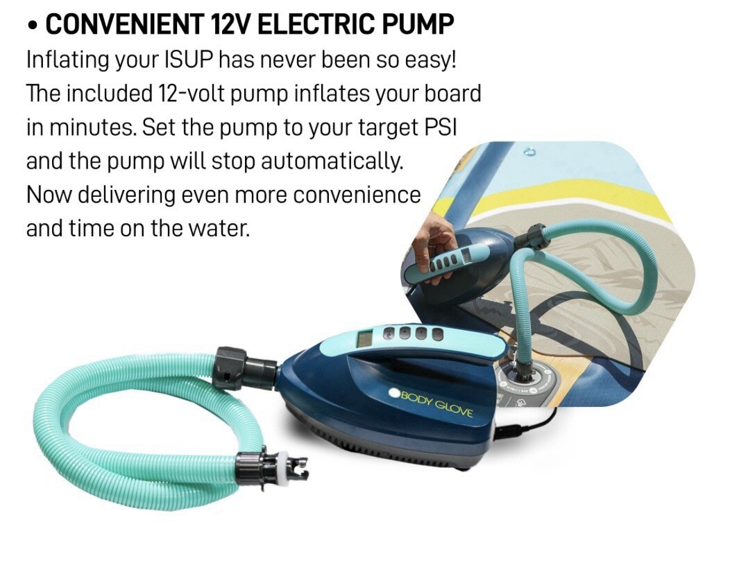 Body Glove 12V Electric SUP Pump – Auto-Stop, 16 PSI, Car Adapter, Paddle Board