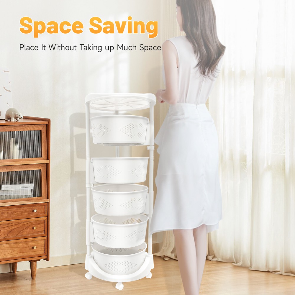 5 Layer Kitchen Rotating Organizer Rack Fruit Vegetable Storage Basket w/ Wheels