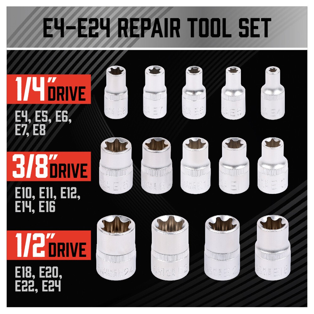 14 Pcs E Torx Star Female Bit Socket Set 1/2" 3/8" 1/4" Drive E4 -E24 with Case
