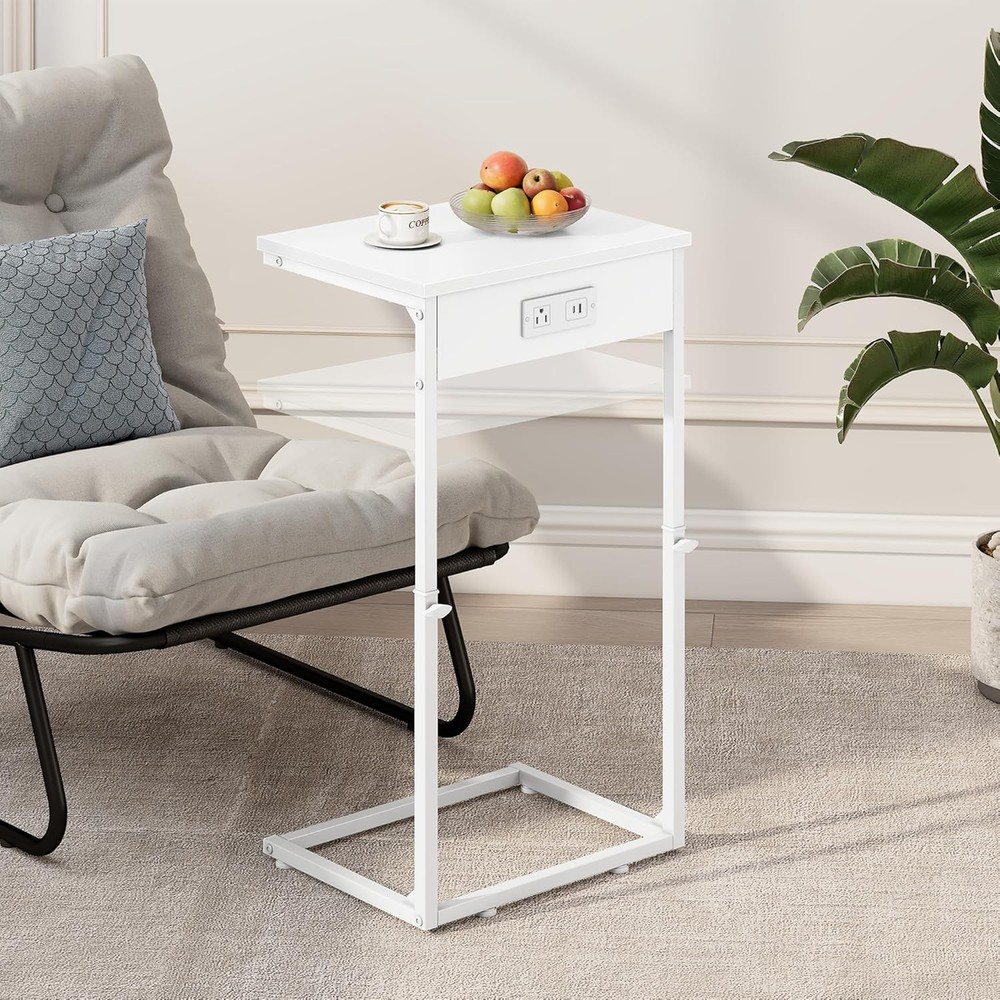 C Shaped End Table W/ Charging Station Adjustable Height Side Table Couch Small