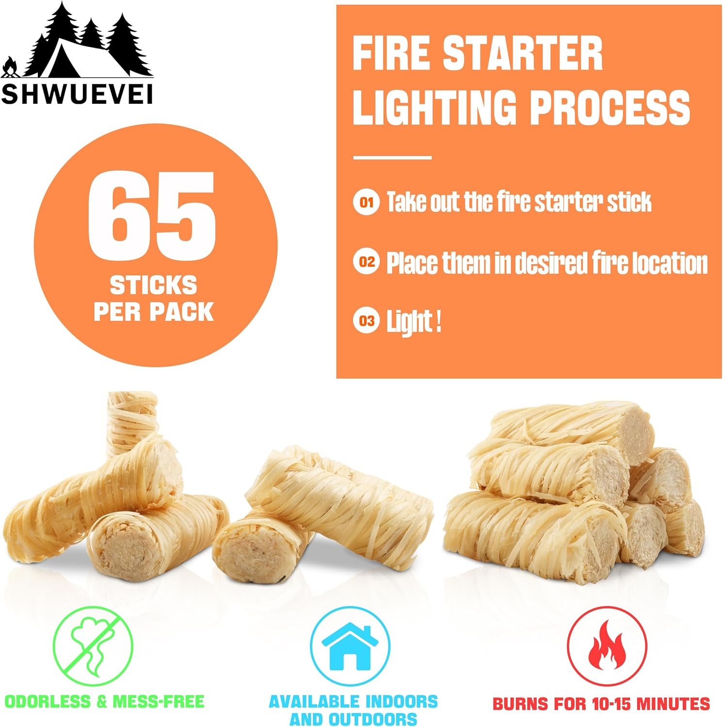 65 Pcs Fire Starter - Natural Fire Starters for Fireplace, Pellet Stove & Wood,