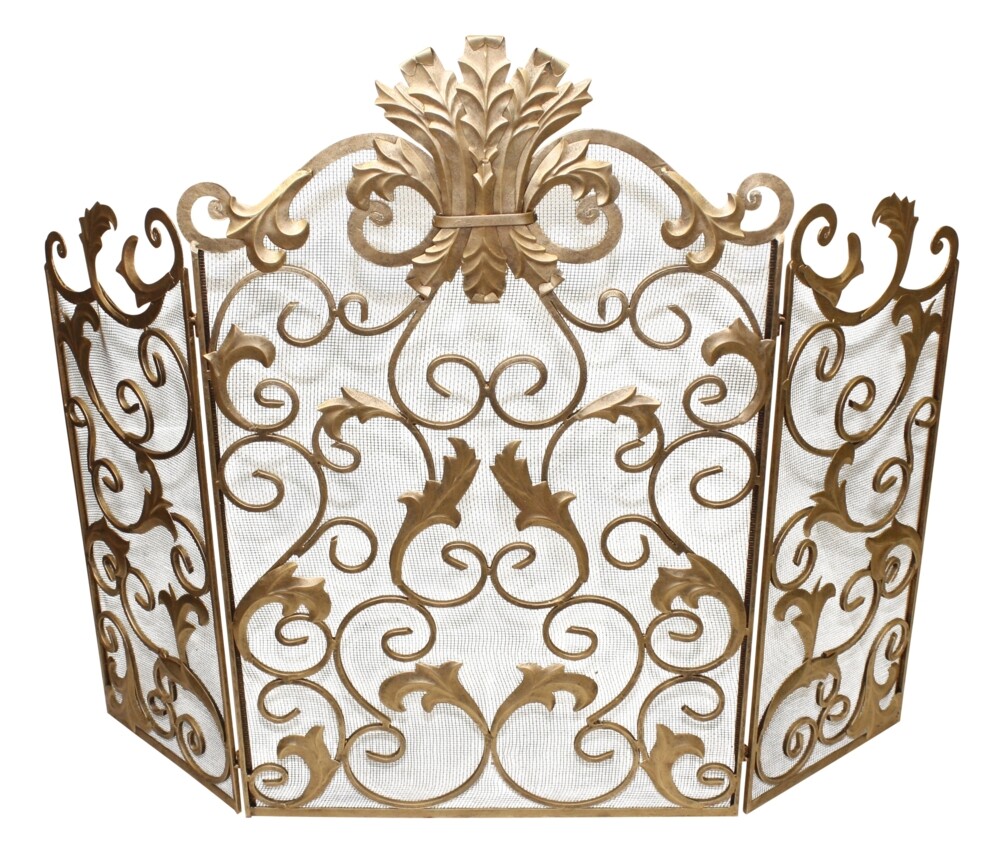 Ornate Gold Acanthus Leaf Firescreen Fireplace Fire Screen Scrolls Mesh Back