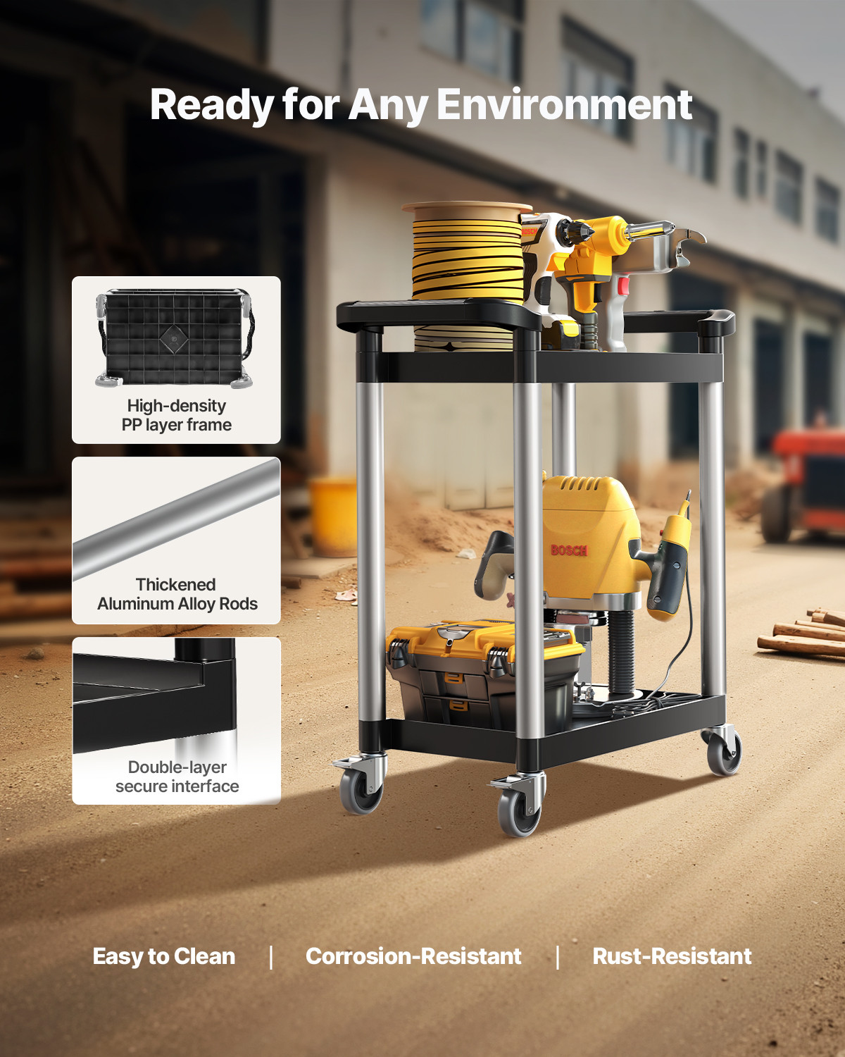 VEVOR Heavy Duty Utility Cart 300 lbs Capacity 2-tier Service Cart with Wheels