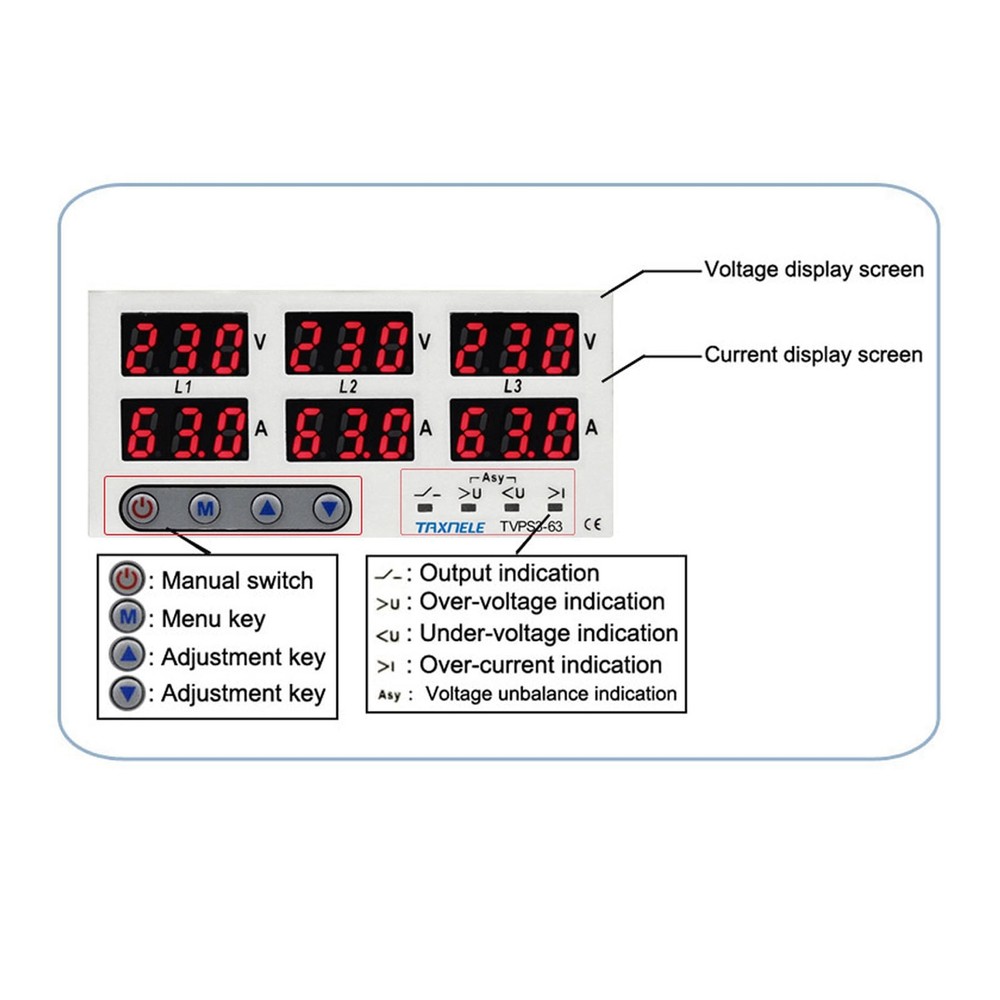 63A 3Phase DIN Rail Voltmeter Ammeter Auto-Overvoltage Overcurrent Protector AC