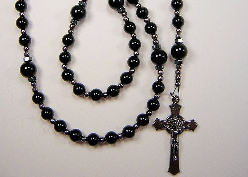 Boys BLACK Rosary Catholic 16+" Black Onyx Gemstone Beads el nino Rosario
