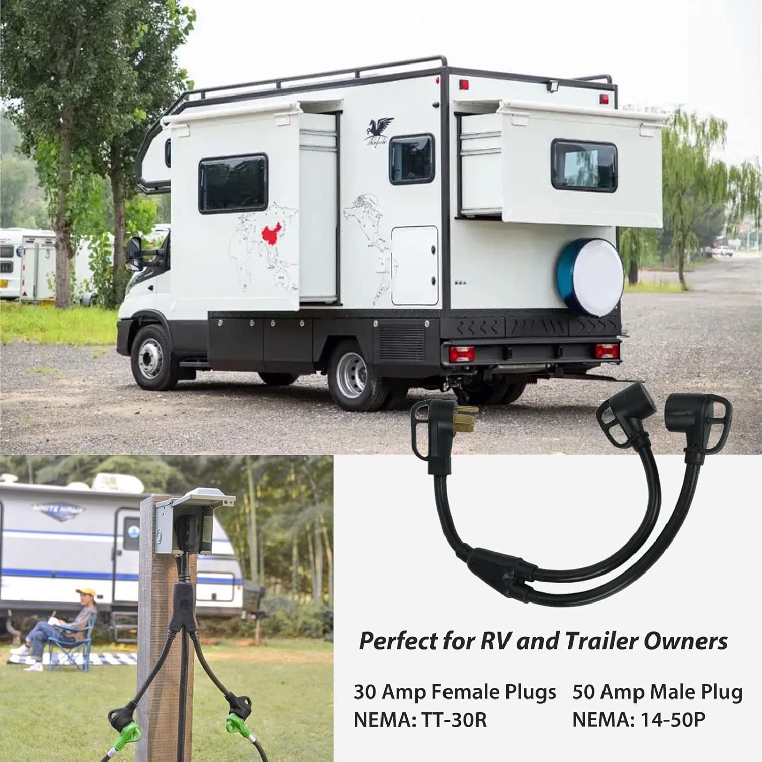 50 Amp 14-50P Male Plug to Two 30 Amp TT-30R Female RV Y Adapter Cord