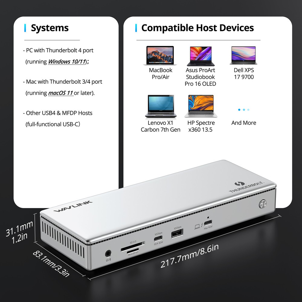 Thunderbolt 5/4 Docking Station Multiple Displays Hub with 120Gbps Max 140W PD