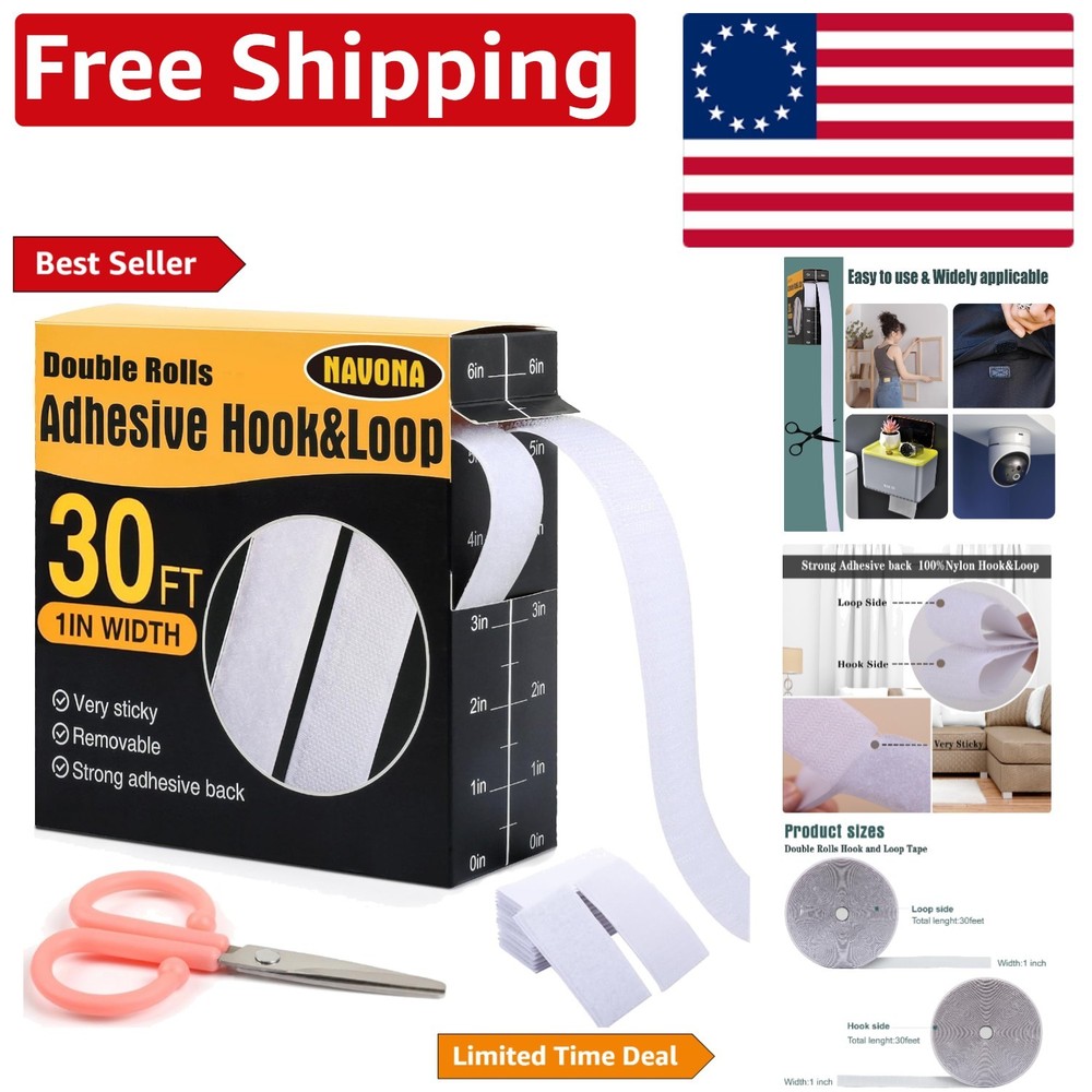 Self-Adhesive 30Ft Hook & Loop Tape Rolls - Multi-Surface Use for Home & Office