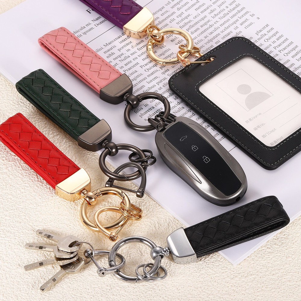 Leather Car Keychain, 5" Key Chain with D Ring and Silver Key Ring, Red